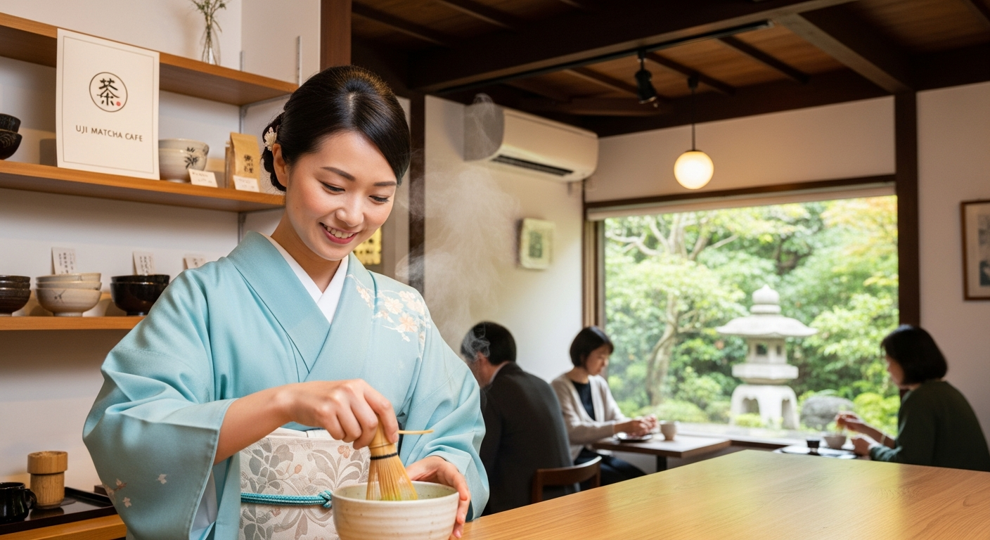 Matcha expert preparing tea inside Uji Matcha Cafe